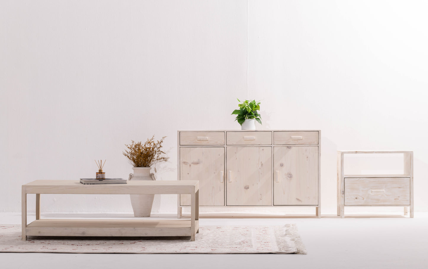 Pinewood Side Board With Three Drawers and Doors