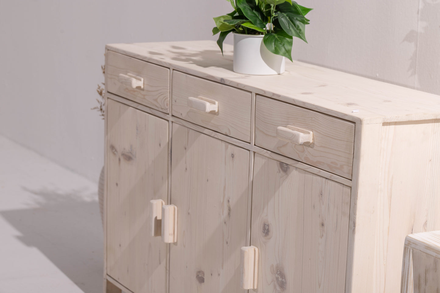 Pinewood Side Board With Three Drawers and Doors