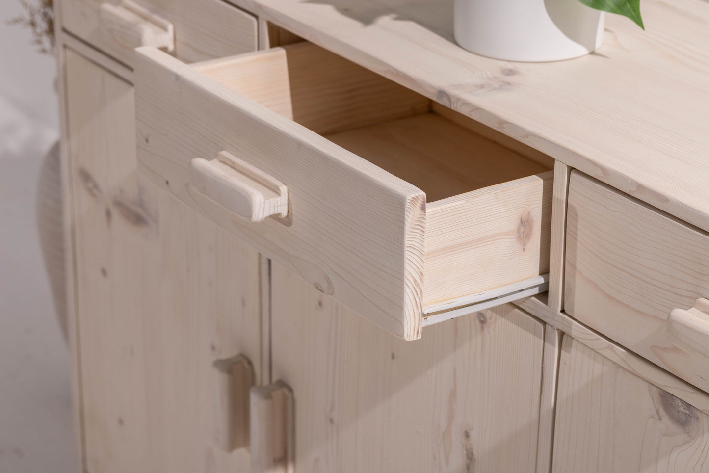 Pinewood Side Board With Three Drawers and Doors