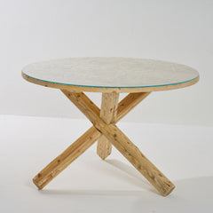 Round Table Criss-cross Legs with Glass Top Reclaimed Wood