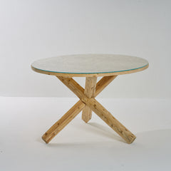 Round Table Criss-cross Legs with Glass Top Reclaimed Wood