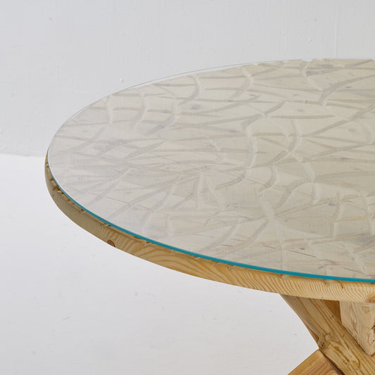 Round Table Criss-cross Legs with Glass Top Reclaimed Wood