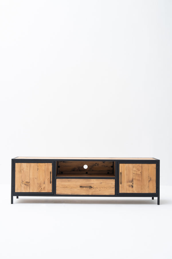 PINE WOOD AND STEEL TV UNIT WITH ONE DRAWER AND TWO DOORS