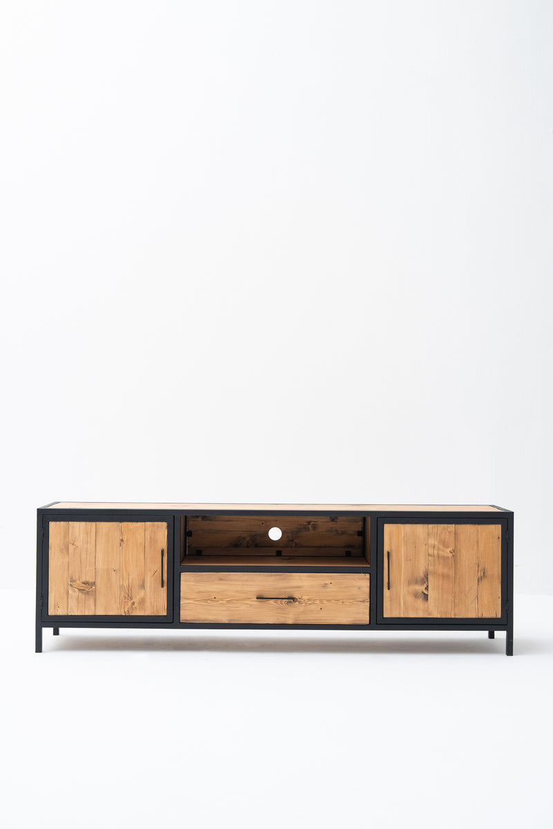 PINE WOOD AND STEEL TV UNIT WITH ONE DRAWER AND TWO DOORS