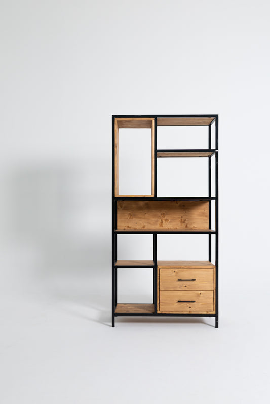 Pine Wooden Steel BookShelf with Two Drawers
