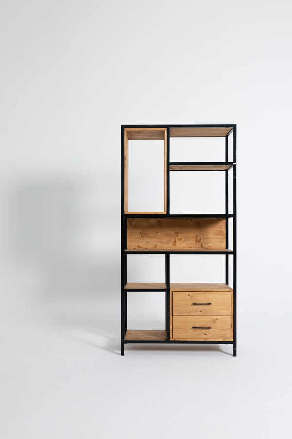 PINE WOOD STEEL BOOKSHELF WITH TWO DRAWERS
