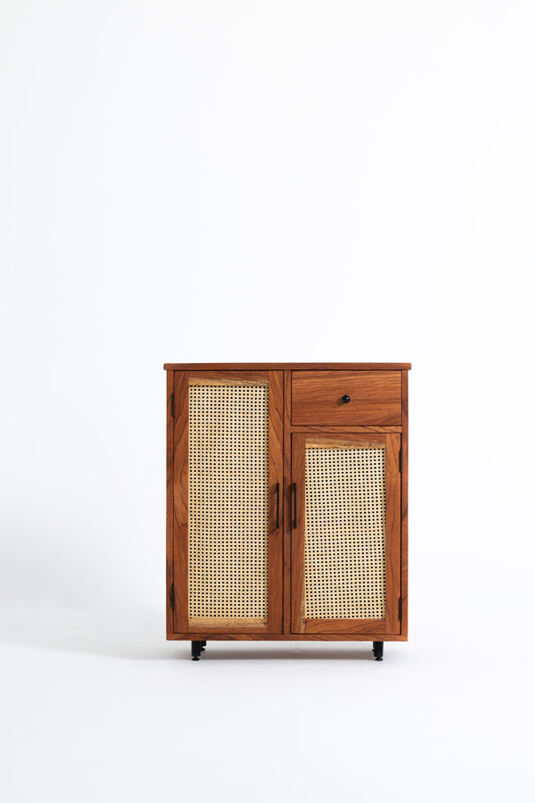 WOODEN SMALL CABINET WITH RATTAN ONE DRAWER AND TWO DOORS