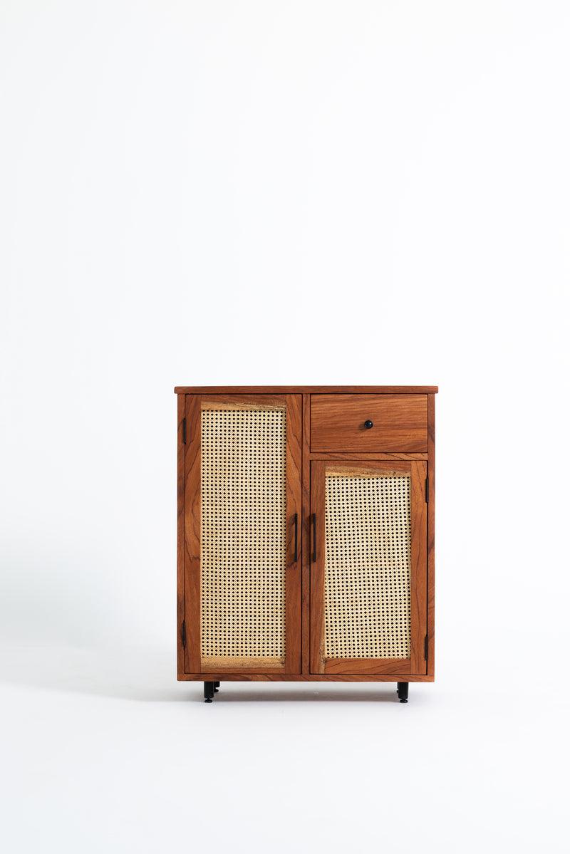 WOODEN SMALL CABINET WITH RATTAN ONE DRAWER AND TWO DOORS