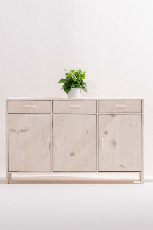 Pinewood Side Board With Three Drawers and Doors
